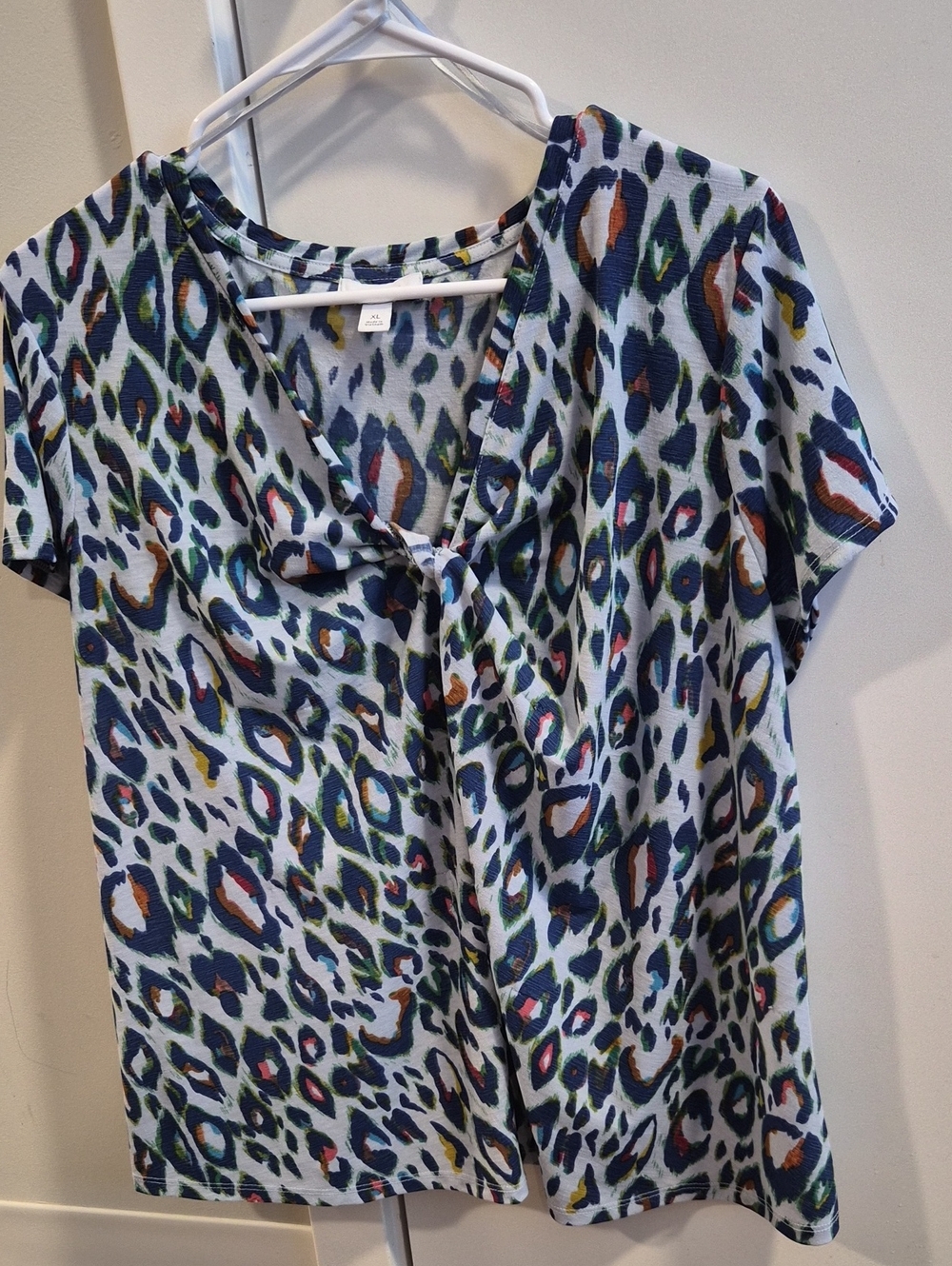 Nine West White Multicolor Leopard-Print Tie-Front Short Sleeve Top
